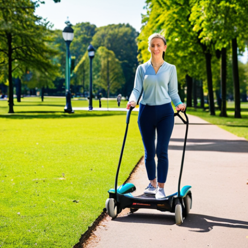 Home 16 **Smart Walker in Action**: Create an image of a smart walker equipped with sensors and automatic balance technology, showcasing a person using it confidently in a park setting. The background should depict a vibrant outdoor environment, highlighting the enhanced mobility and independence that the device offers.