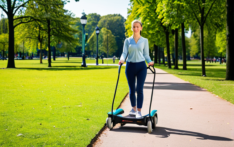 **Smart Walker in Action**: Create an image of a smart walker equipped with sensors and automatic balance technology, showcasing a person using it confidently in a park setting. The background should depict a vibrant outdoor environment, highlighting the enhanced mobility and independence that the device offers.