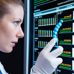 **A researcher in a modern lab, focused on a DNA sequence display, with CRISPR-Cas9 technology visualized in the background. The image should evoke hope and scientific advancement, representing the potential of gene therapy.**