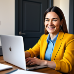 ** A professional female psychologist, fully clothed in a modest business casual outfit, conducting an online therapy session. She is smiling reassuringly at her laptop screen. Background is a warm, inviting home office. Safe for work, appropriate content, perfect anatomy, natural proportions, professional, family-friendly.

**