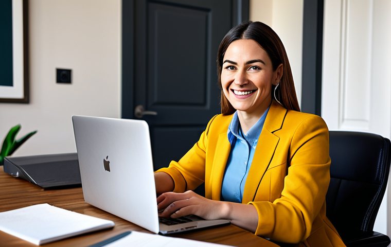** A professional female psychologist, fully clothed in a modest business casual outfit, conducting an online therapy session. She is smiling reassuringly at her laptop screen. Background is a warm, inviting home office. Safe for work, appropriate content, perfect anatomy, natural proportions, professional, family-friendly.
**