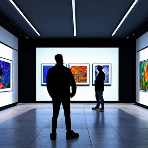 Metaverse Art Gallery**

"A vibrant, modern art gallery in a virtual metaverse environment.  Fully clothed avatars admire digital artwork displayed on the walls.  Appropriate attire. Clean, futuristic design.  Safe for work, perfect anatomy, professional digital rendering, high resolution."

**