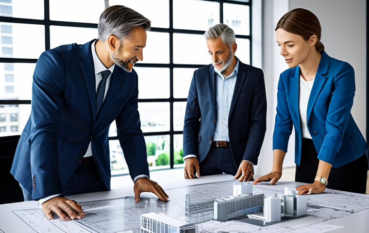**
"A diverse group of professionals collaborating on a city planning project in a modern office, reviewing blueprints and digital models, showcasing sustainable design and smart technology integration, fully clothed, appropriate attire, safe for work, perfect anatomy, natural proportions, professional architectural rendering, high quality, family-friendly."
**