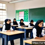 에듀테크 전문가 - A modern classroom scene in Pakistan featuring a diverse group of attentive students using smart boa...
