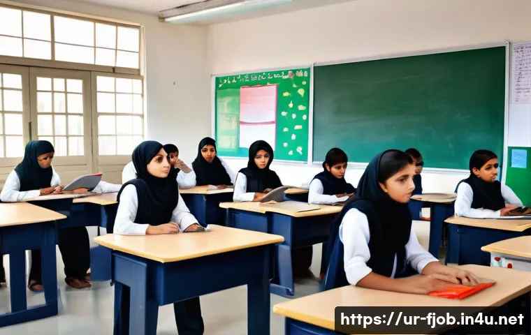 에듀테크 전문가 - A modern classroom scene in Pakistan featuring a diverse group of attentive students using smart boa...
