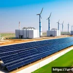 수소 에너지 전문가 - A futuristic industrial hydrogen energy plant in Pakistan, showcasing large solar panels and wind tu...