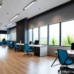 스마트 워크플레이스 설계 - A modern open-plan office interior designed for a Pakistani company, featuring natural sunlight floo...