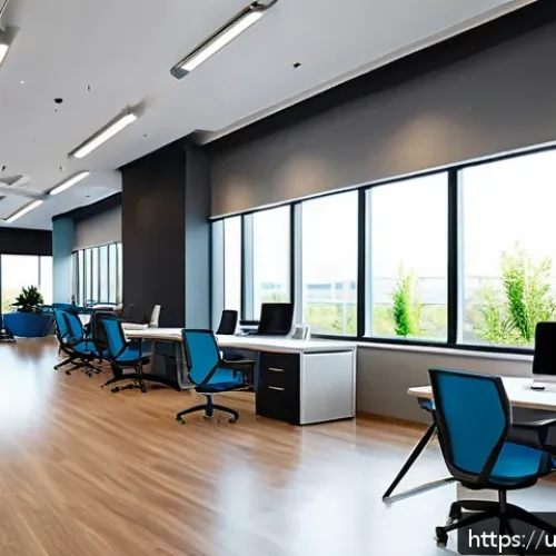 스마트 워크플레이스 설계 - A modern open-plan office interior designed for a Pakistani company, featuring natural sunlight floo...