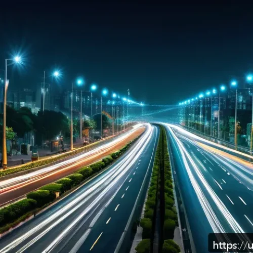 도시 공학 및 스마트 인프라 개발 - A bustling modern urban street in a Pakistani city at night, featuring smart roads with automated LE...