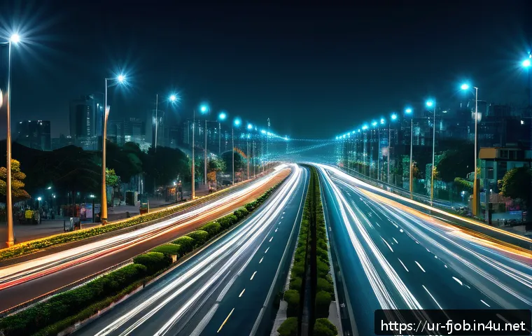 도시 공학 및 스마트 인프라 개발 - A bustling modern urban street in a Pakistani city at night, featuring smart roads with automated LE...