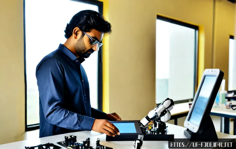 첨단 로봇 기술자 - Photorealistic Pakistani advanced robotics engineer in a modest modern Karachi research lab, careful...